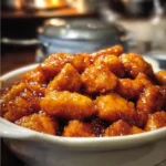 A serving of baked sweet and sour chicken with colorful vegetables.