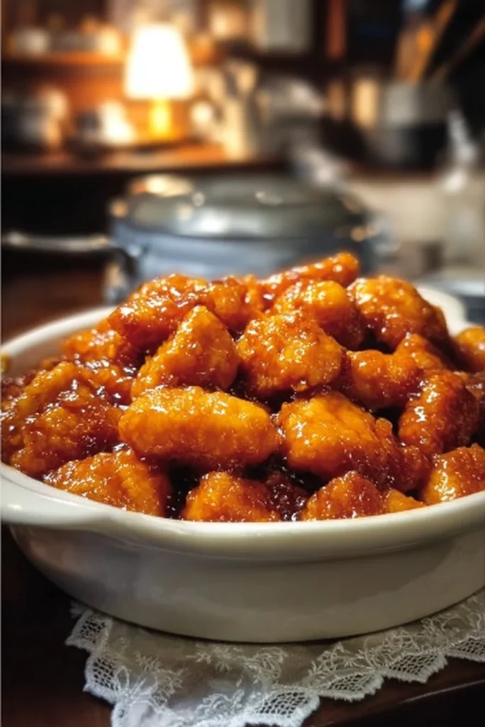 A serving of baked sweet and sour chicken with colorful vegetables.