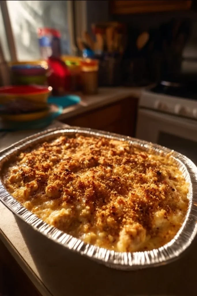 Creamy onion chicken bake dish ready to serve on a plate.
