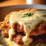 Crispy buttermilk chicken fried steak topped with country gravy on a plate