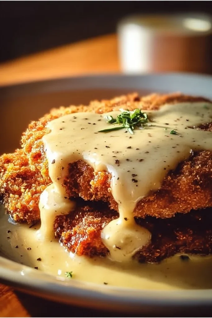 Crispy buttermilk chicken fried steak topped with country gravy on a plate