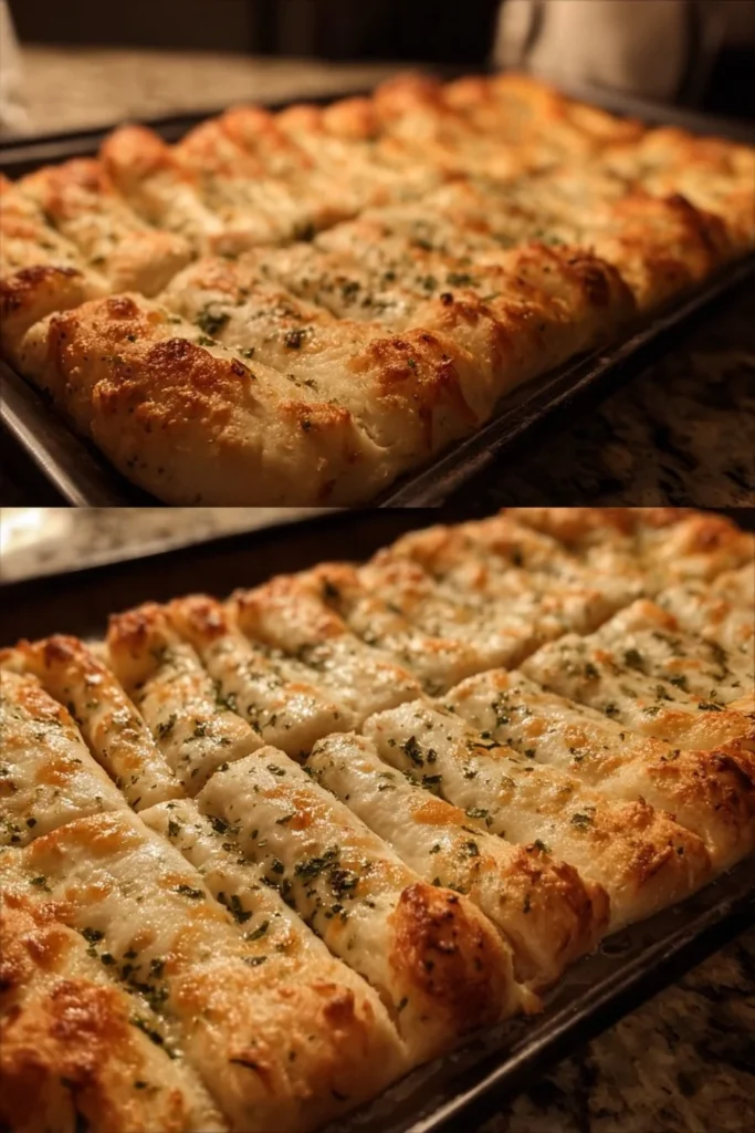 Homemade cheesy garlic breadsticks with melted cheese and herbs.
